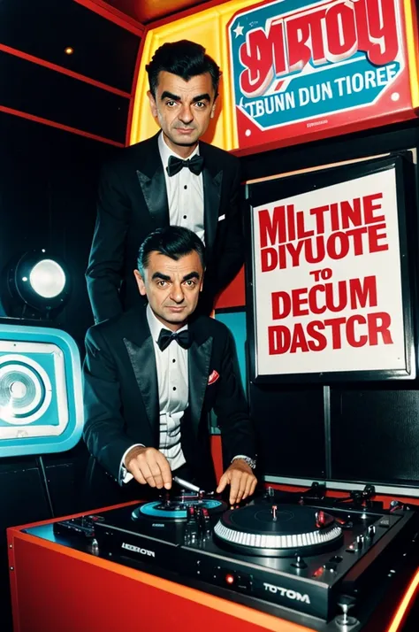 Young futuristic dj using a turntable in a debutante in a mobile disco with a sign in the background in quotes Mr Bean dj Mr Bean