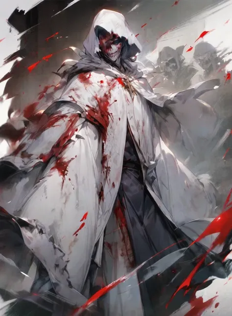 male warlock dnd, undead body, wearing a bloodstained white hood cloak with a blood 