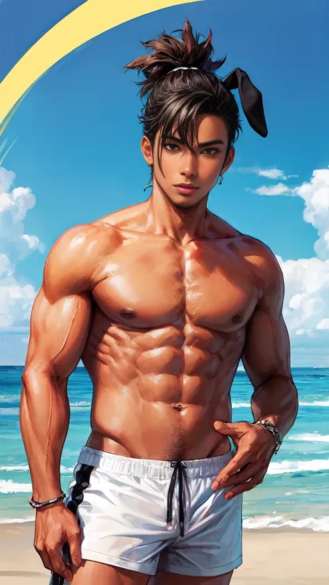 black skinned male character with white wavy hair with bunny ear head accessory a visibly fit athletic body with no shirt wearing a black swim trunks  , Masterpiece artwork