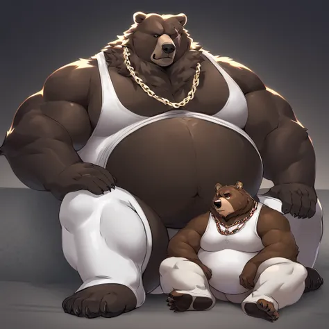 ben,chain necklace,bear,brown fur,animal ears,black eye,muscular male,furry,muscular,stomach,belly,scar,white clothing,white tan...