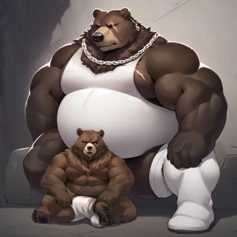 ben,chain necklace,bear,brown fur,animal ears,black eye,muscular male,furry,muscular,stomach,belly,scar,white clothing,white tank top,white legwear,neutral expression,[slightly chubby, musclegut],dominant male,full-length portrait,