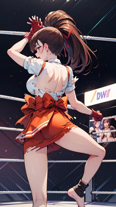 Highest quality，masterpiece，lean back，Fall down，sleep，(レスリングのリングにlean back, WWE Divas，Wrestling Arena，Wrestling ring background, Boxing ring background), Facing forward, Lack of stamina, Ryona, Hitting a girl, death is near，タケユカ 超ロングヘア ヘアribbon, Frilled sh...