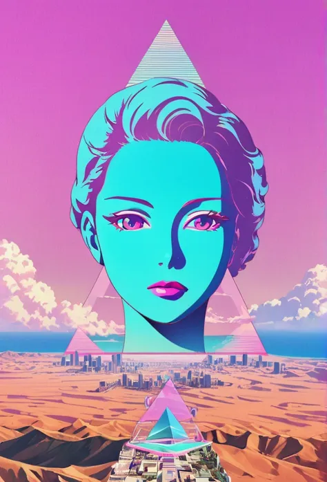 vaporwave grotesque aesthetic,High saturation color,David bust sculpture head and body separated,  Doubleexposure, Commodity Ocean News,High saturation color,futuristic city, English title，fantasy, matrix, desert, Ocean, pyramid,Close-up of retro screen,co...