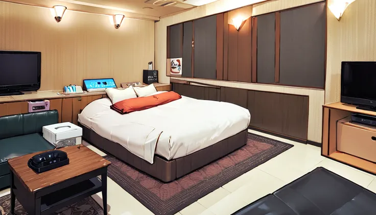 masterpiece, Highest quality, so beautiful, Absurd,
Love Hotel, LHbedpanel, scenery, bed, indoor, lamp, sofa, table, rug, bedroom, tv set, pillow, Telephone, tissue box, box, night,
