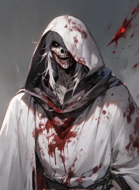 male warlock dnd, undead body, wearing a bloodstained white hood cloak with a blood 