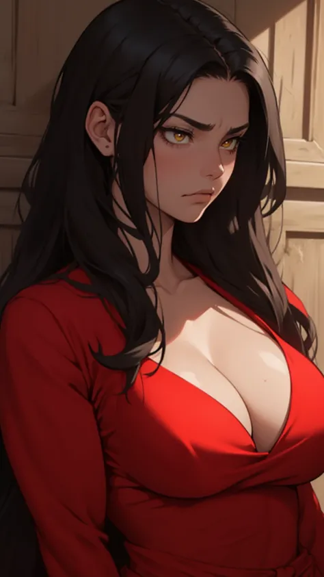 hair flaps massive hair long hair black hair onyx pale skin yellow eyes huge muscles huge breasts sad sad angry sad girl red silk red silk silk sad pale red silk sad