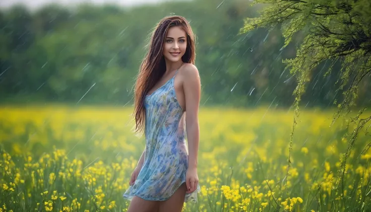 Rainy spring, beautiful 25 year old girl in wet short dress in beautiful field, ultra detailed, ultra real, Instagram model girl in wet dress in field, beautiful eyes, piercing smiling eyes, perfect body