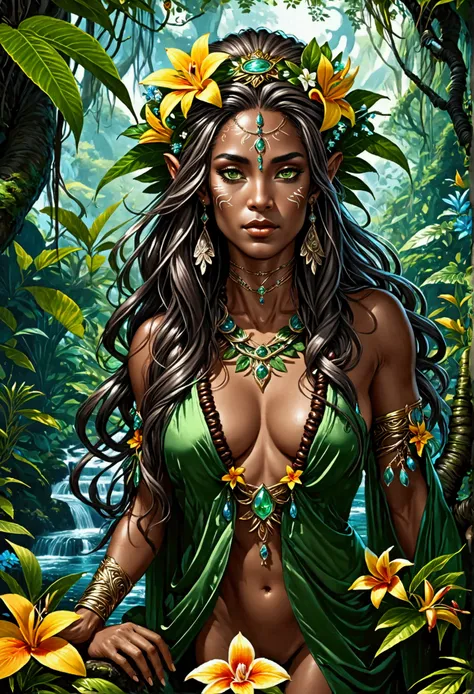  a picture of a druid in her jungle cove, an exotic, most beautiful human druid, priest of nature, warden of the wild of the jungle, full body, ((anatomically correct: 1.5)) long hair, wild hair, dynamic hair color, flowers and leaves in her hair, wearing ...