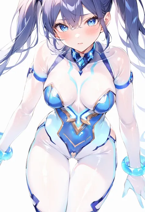 Blue Star,Twin tails,Top view,Standing on a white floor,Blue light pattern,sexyデザインのシースルーボディスーツ,Transparent skin,胸元にBlue Starのデザイン,A bodysuit with an open chest and exposed skin,Shiny bodysuit,sexy,Big blue light bracelet,Big blue light anklet,Blue light a...