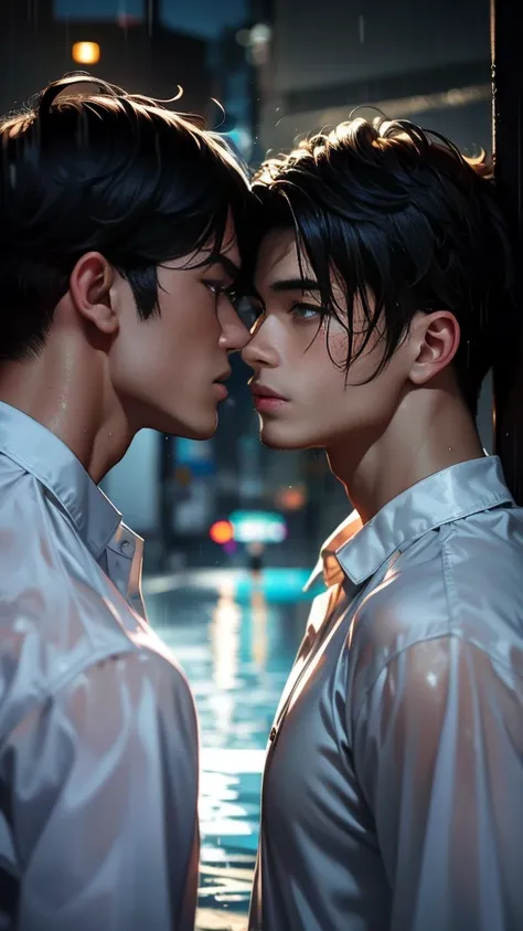 two handsome 25 year old men about to kiss.。handsome man gets wet in the rain、the clothes are transparent。he wears a white shirt...