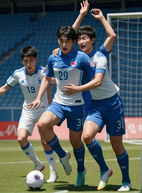 Male players who are not Japanese, Korean or Chinese, winning the semifinal and advancing to the final with a light blue soccer uniform and with letters that say let&#39;s go cala fc