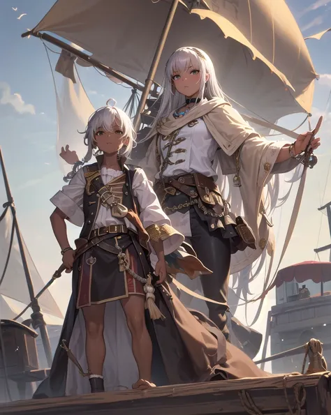 masterpiece,masterpiece, Highest quality, Brown skin,On the pirate ship,Silver Hair,mizikai 