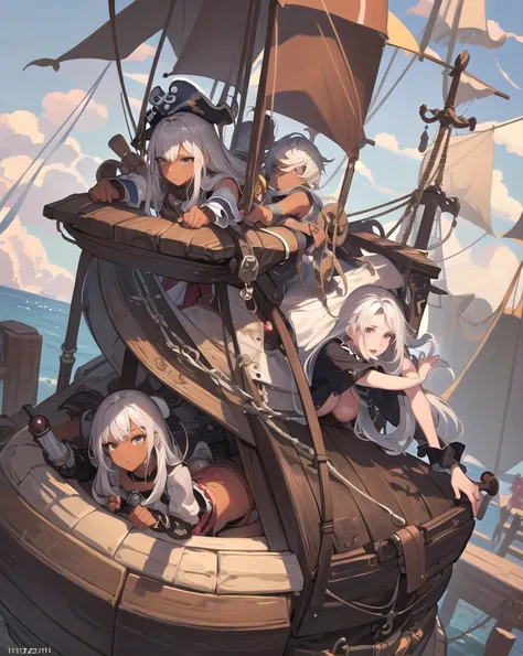 masterpiece,masterpiece, Highest quality, Brown skin,On the pirate ship,Silver Hair,mizikai 