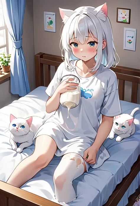 A scene of the white cat Milk continuing treatment to recover。Milk fights disease、I am encouraged by the love and support of my family.。While lying in bed、Milk is undergoing treatment with a positive attitude、Please draw the family standing nearby, watchin...