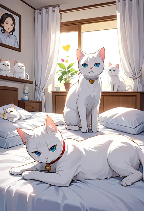 A scene of the white cat Milk continuing treatment to recover。Milk fights disease、I am encouraged by the love and support of my family.。While lying in bed、Milk is undergoing treatment with a positive attitude、Please draw the family standing nearby, watchin...