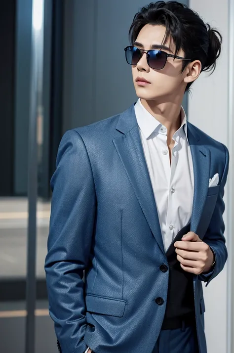 Hair up to the neck、male、Blue Sunglasses、Silver Mesh、suit