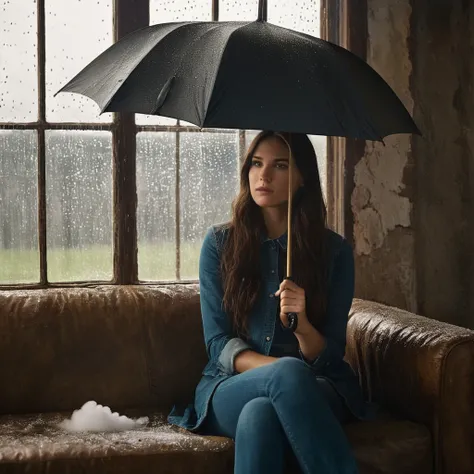 cinematic film still of  Juxtaposition of a woman sitting on a couch holding an umbrella with foamy cloud rain above,1girl,solo,long hair brunette hair,sitting,indoors,window,umbrella,couch,rain,realistic,ruins Juxtaposition,artistic,photography,dramatic l...