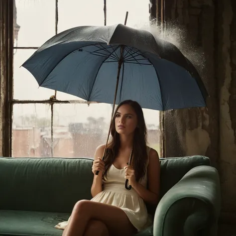 cinematic film still of  Juxtaposition of a woman sitting on a couch holding an umbrella with foamy cloud rain above,1girl,solo,long hair brunette hair,sitting,indoors,window,umbrella,couch,rain,realistic,ruins Juxtaposition,artistic,photography,dramatic l...