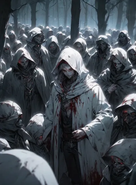 male warlock dnd, undead body, wearing a bloodstained white hood cloak with a blood, in a dark forest, surrounded by a cold