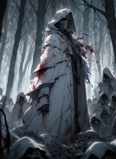 male warlock dnd, undead body, wearing a bloodstained white hood cloak with a blood, in a dark forest, surrounded by a cold