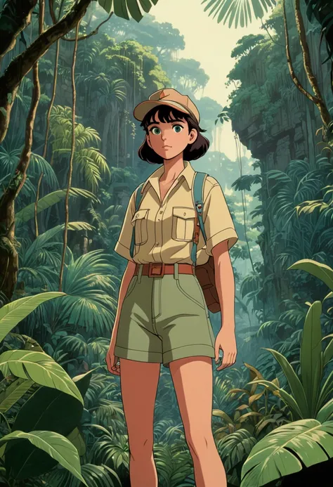 (Jungle Adventurer), 1980s anime, retro fashion, muted pastel colors, cozy atmosphere, detailed facial features, full body, award-winning, cinematic still, emotional, vignette, dynamic, vivid, (masterpiece, best quality, Professional, perfect composition, ...