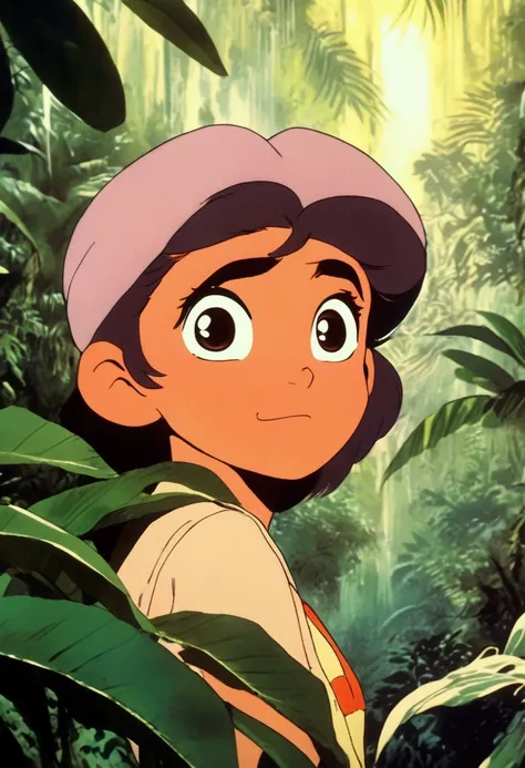 (Jungle Adventurer), 1980s anime, retro fashion, muted pastel colors, cozy atmosphere, detailed facial features, full body, award-winning, cinematic still, emotional, vignette, dynamic, vivid, (masterpiece, best quality, Professional, perfect composition, ...