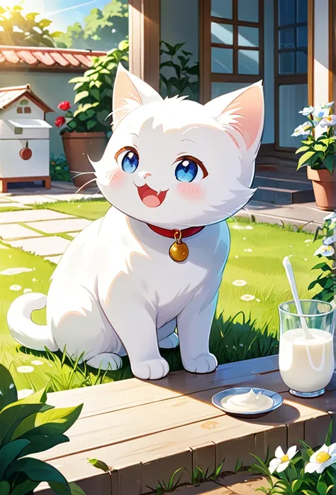 White cat Milk has recovered from an illness.、A scene that brought back energy。Milk is active in the house and garden.、Enjoying a new adventure。Under the clear sunlight、Milk playing happily、Please draw the expressions on her family&#39;s faces as they rejo...