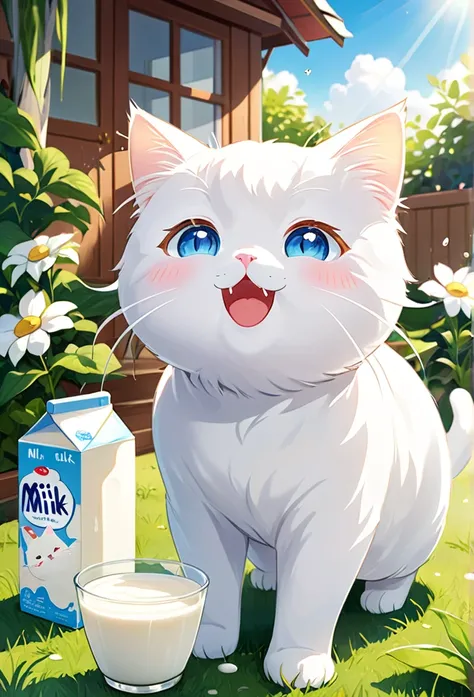 white cat milk has recovered from an illness.、a scene that brought back energy。milk is active in the house and garden.、enjoying ...