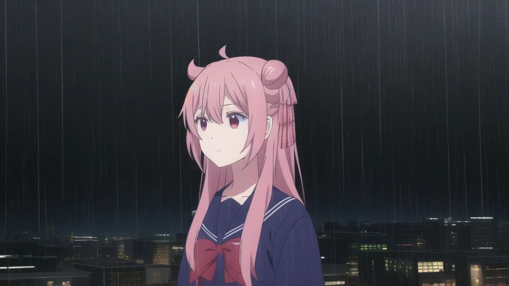 masterpiece, best quality, city background, rainy, 1girl, solo, upper body, bow, serafuku, satou, emotionless, expressionless, a...