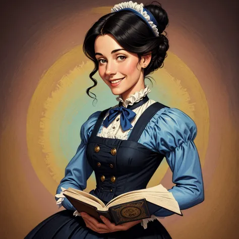 A colored pencil drawing of a pretty  smiling happy victorian governess, curly black hair. Kind and inteligent, joyful  energy. hair in bun, hat. book of poetry in hand.
