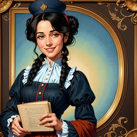 A colored pencil drawing of a pretty  smiling happy victorian governess, curly black hair. Kind and inteligent, joyful  energy. hair in bun, hat. book of poetry in hand.
