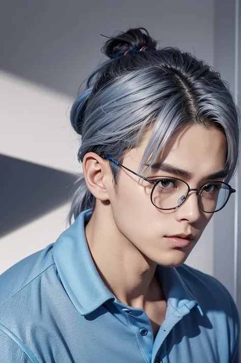 Hair up to the neck、male、Blue lens glasses、Silver mesh hair color、Polo shirt、((Mambang Hair))、Hair tied back、Two-block cut