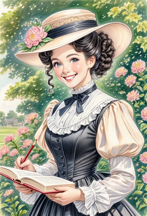 A colored pencil drawing of a pretty  smiling happy victorian governess, curly black hair. Kind and inteligent, joyful  energy. hair in bun, hat. book of poetry in hand.
