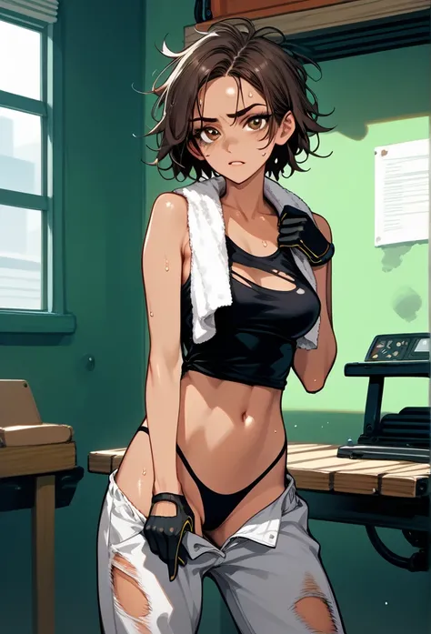 masterpiece, best quality, mature woman, messy hair, black hair, brunette gradient hair color, hot face, (tomboy face), tan skin, mature body, fit body, medium breasts, mechanic gloves, (dirty tank top), stained tank top, midriff, white bandana, mechanic p...