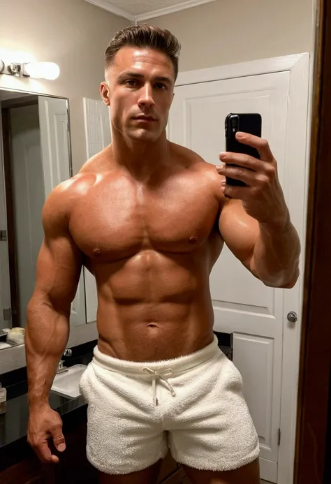 Muscular, broad-shouldered, but oiled-up man wearing fuzzy white shorts takes a selfie in the mirror