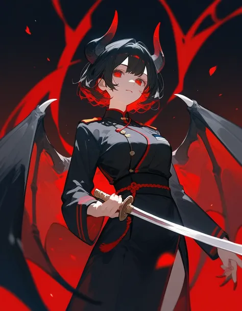 (score_9,score_8_up,score_7_up),1girl,girl demon,red hair,red eyes,wings,claws,black dress,beautiful_face,Uniform Black hair Holding a sword Japan Japanese style