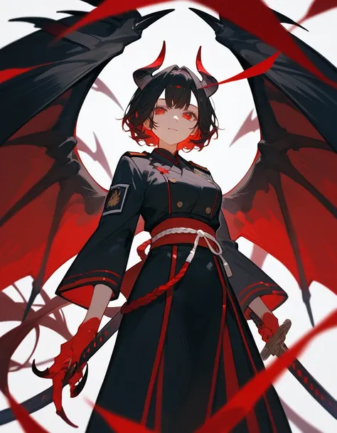 (score_9,score_8_up,score_7_up),1girl,girl demon,red hair,red eyes,wings,claws,black dress,beautiful_face,Uniform Black hair Holding a sword Japan Japanese style