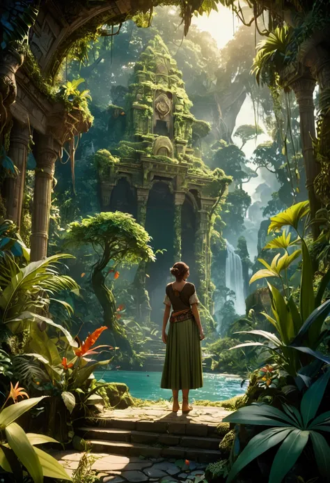 (Jungle Adventurer), Explore the Enchanted Enclave with (plants), a hidden sanctuary where flora and fauna coexist in perfect harmony, creating a magical realm untouched by time, full body, award-winning, cinematic still, emotional, vignette, dynamic, vivi...