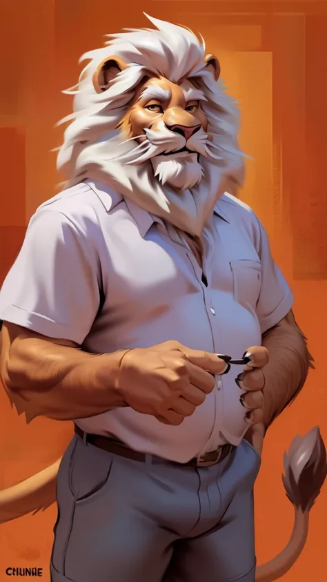 by chunie by catsudon by retros, male,ridiculuous,((mature,mature male)),((Bearded,mustache)), felid, solo, ((Lion,tail)),(white hair), facial hair, facing viewer, ((Highly detailed face)), (((Grandpa Figure))), ((smilling)), red and orange abstract backgr...