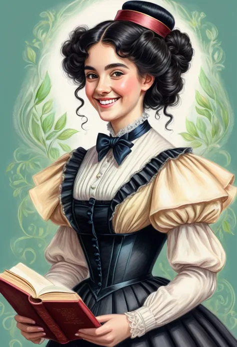 A colored pencil drawing of a pretty  smiling happy victorian governess, curly black hair. Kind and inteligent, joyful  energy. hair in bun, hat. book of poetry in hand.
