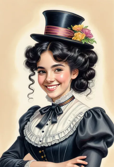 A colored pencil drawing of a pretty  smiling happy victorian governess, curly black hair. Kind and inteligent, joyful  energy. hair in bun, hat. book of poetry in hand.
