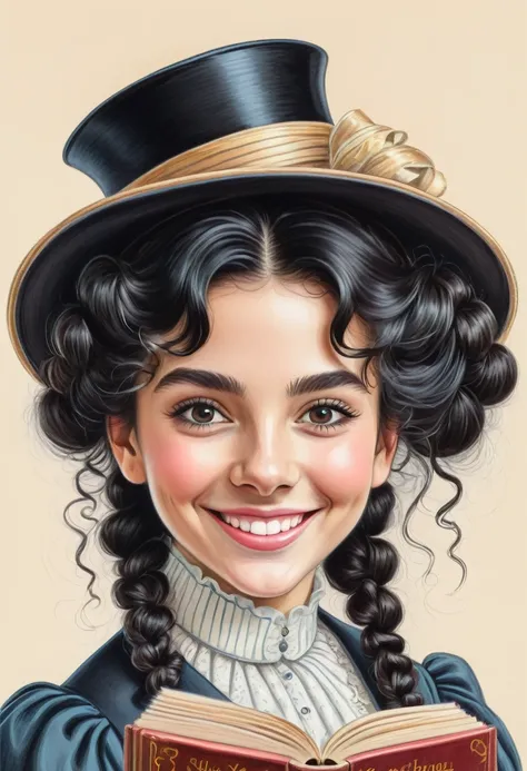 A colored pencil drawing of a pretty  smiling happy victorian governess, curly black hair. Kind and inteligent, joyful  energy. hair in bun, hat. book of poetry in hand.
