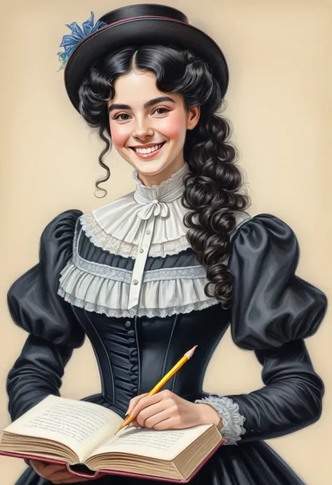 A colored pencil drawing of a pretty  smiling happy victorian governess, curly black hair. Kind and inteligent, joyful  energy. hair in bun, hat. book of poetry in hand.
