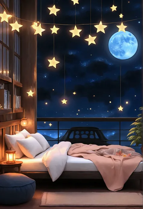 (Peaceful Dreams,夜のTranquility,Tranquility,peaceful sleep),(Highest quality,Very detailed,Realistic),(Painting),(Shining Star,Gentle moonlight),(Soft pillow,Comfortable bed,Dreamy atmosphere),(Tranquility,Luxurious sleep),(Peaceful and serene),(Subtle colo...