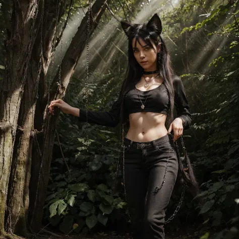 forest, catgirl, cat ears, tail with black fur, black cropped t-shirt adorned with medals and chains, black jeans adorned with chains and patches, beams of sunlight shining through the canopy, yellow eyes, calico fur, beautifully lit, insanely detailed, st...