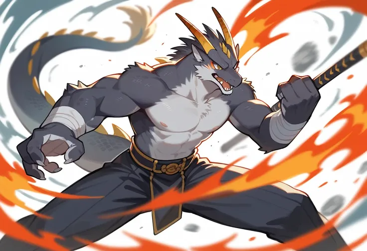 top quality, high-quality illustrations((masterpiece))depth of field, motion blur, absurdres, Perfect Anatomy, magnificent picture of kemono fighting fierce battles, kemono, 1boy, solo focus, Anthro((dramatic))epic, weapon, dynamic pose, One scene of movie...