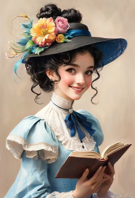 A colored pencil drawing of a pretty  smiling happy victorian governess, curly black hair. Kind and inteligent, joyful  energy. hair in bun, hat. book of poetry in hand.
