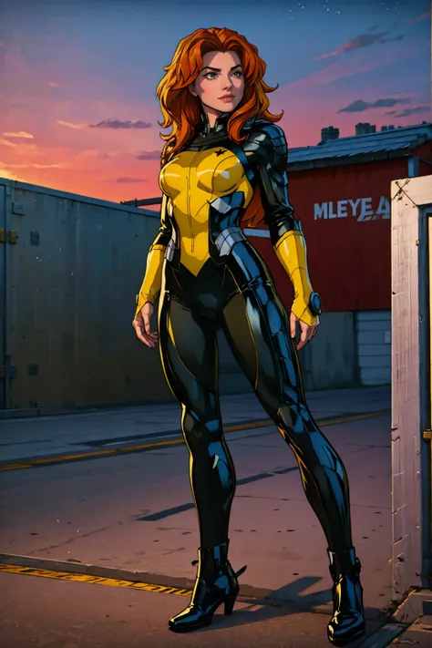 ((Full body photo, standing, feet on the ground)) (best quality, 4k, 8k, high resolution, masterpiece: 1,2), ultra-detailed, fishnet tights, (realistic, photorealistic, photorealistic: 1, 37), full body photo, Rogue, X-Men, yellow high boots, beauty pose, ...