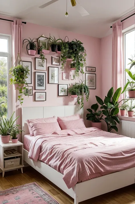 Pink bedroom with indoor plants