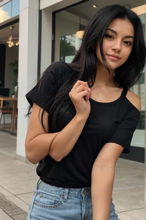 a young latina woman, with black hair that falls over her shoulders, she is wearing a black t-shirt, she takes a selfie, she is holding a credit card in her right hand 